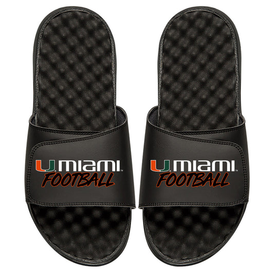 Men's ISlide Black Miami Hurricanes Football Stacked Slide Sandals