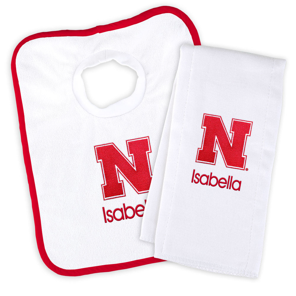 White Chad & Jake Nebraska Huskers Personalized Bib and Burp Cloth Set