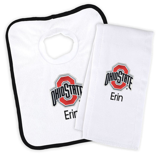 White Chad & Jake Ohio State Buckeyes Team Personalized Bib and Burp Cloth Set