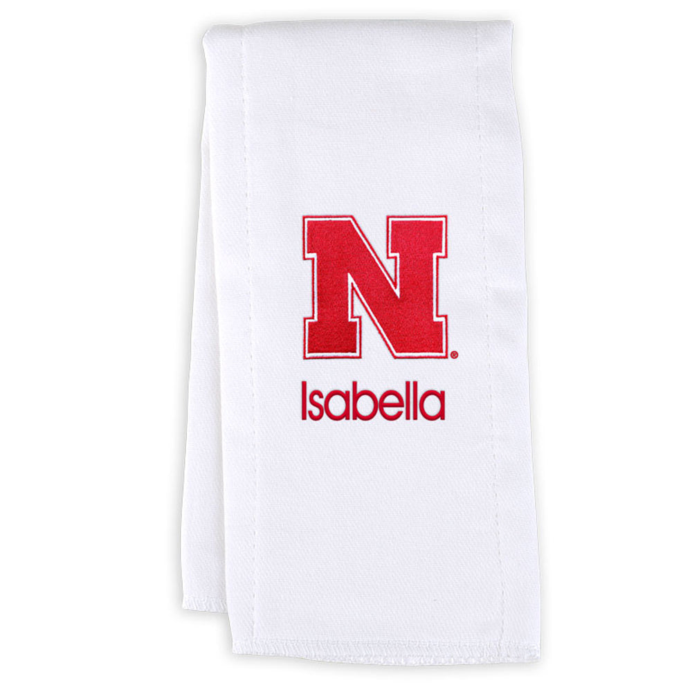 White Chad & Jake Nebraska Huskers Personalized Burp Cloth