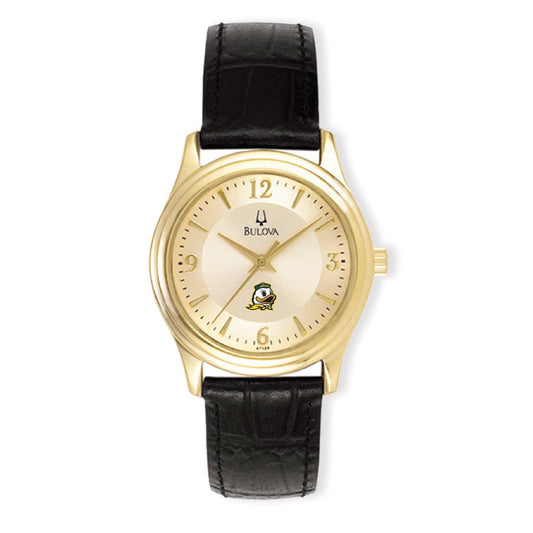 Women's Bulova Gold/Black Oregon Ducks Stainless Steel Watch with Leather Band