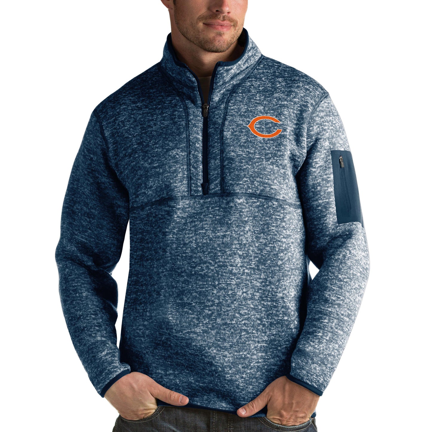 Men's Antigua Heather Navy Chicago Bears Fortune Quarter-Zip Pullover Jacket