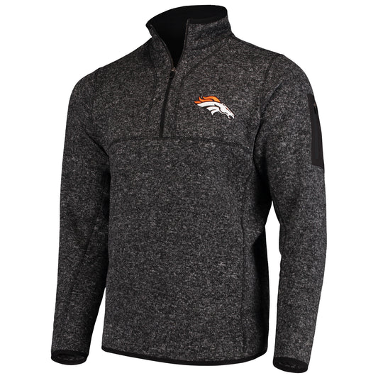 Men's Antigua Heather Black Denver Broncos Fortune Quarter-Zip Pullover Jacket