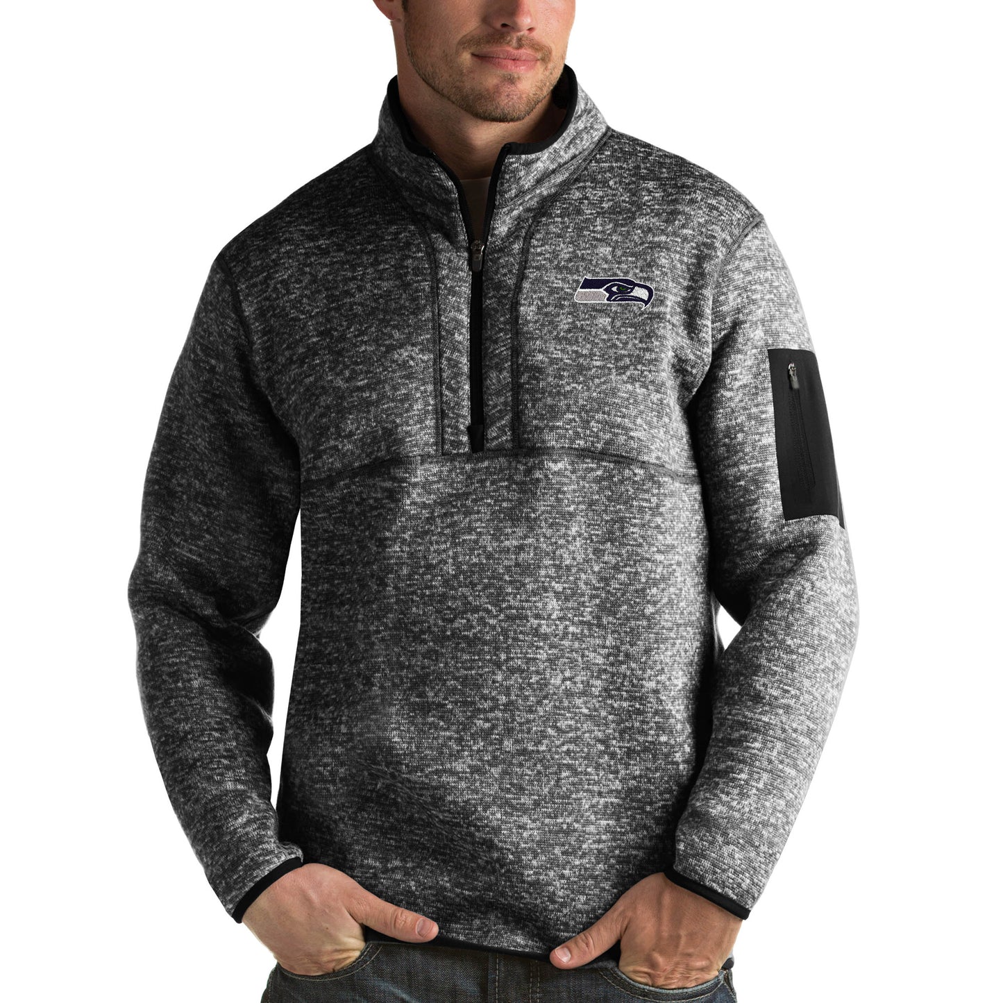 Men's Antigua Heather Black Seattle Seahawks Fortune Quarter-Zip Pullover Jacket