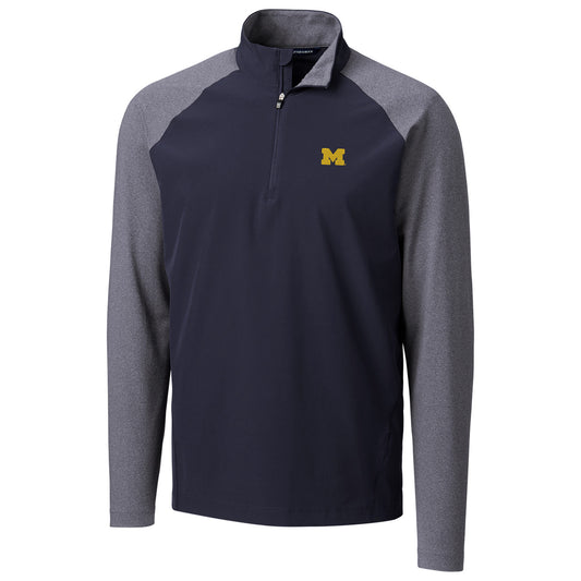 Men's Cutter & Buck Navy Michigan Wolverines Response Hybrid Overknit Quarter-Zip Pullover Jacket