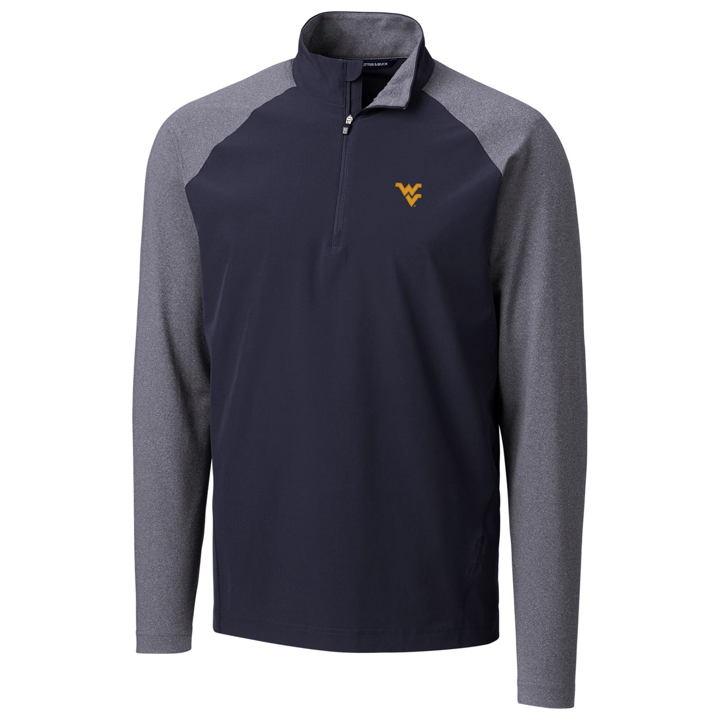 Men's Cutter & Buck Navy West Virginia Mountaineers Response Hybrid Overknit Quarter-Zip Pullover Jacket