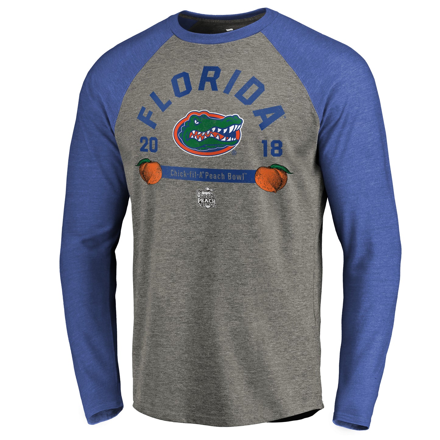 Men's Fanatics Heather Gray Florida Gators 2018 Peach Bowl Bound Drag Long Sleeve Tri-Blend Raglan T-Shirt