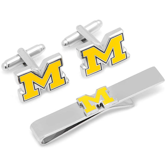 Men's Maize Michigan Wolverines Cufflinks and Tie Bar Gift Set