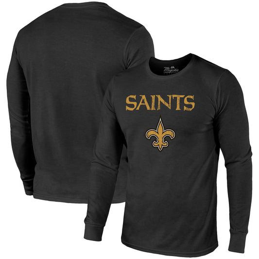 New Orleans Saints Majestic Threads Lockup Tri-Blend Long Sleeve T-Shirt - Black