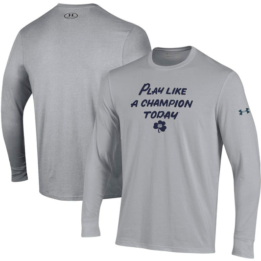 Men's Under Armour Heathered Gray Notre Dame Fighting Irish Play Like A Champion Today Cotton Long Sleeve Performance T-Shirt