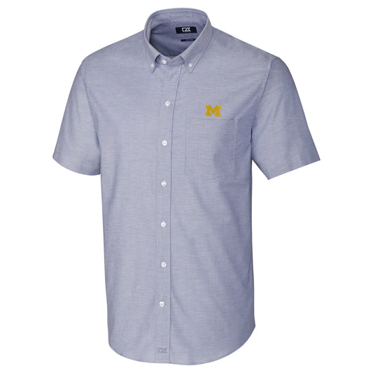 Men's Cutter & Buck Light Blue Michigan Wolverines Stretch Oxford Button-Down Short Sleeve Shirt