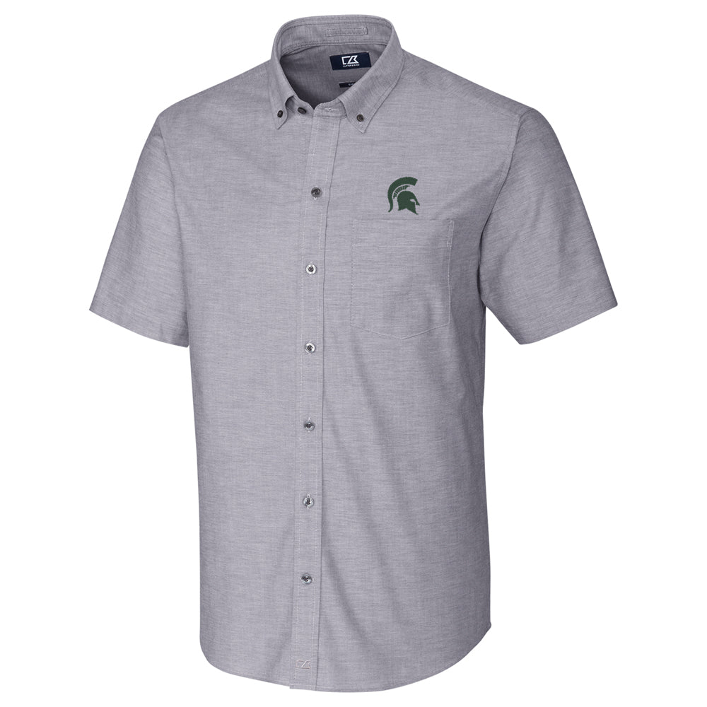 Men's Cutter & Buck Charcoal Michigan State Spartans Stretch Oxford Button-Down Short Sleeve Shirt
