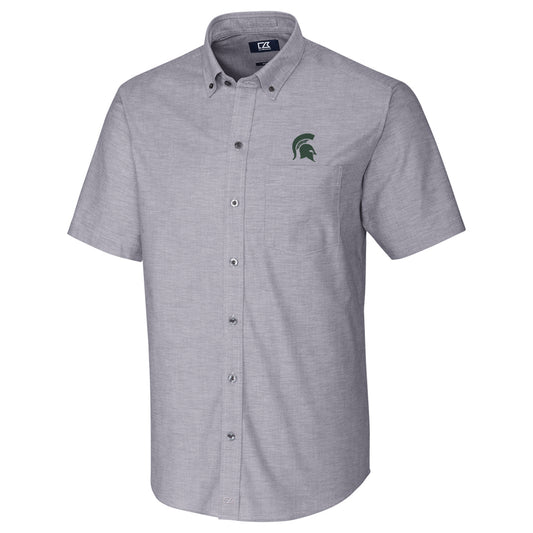 Men's Cutter & Buck Charcoal Michigan State Spartans Stretch Oxford Button-Down Short Sleeve Shirt