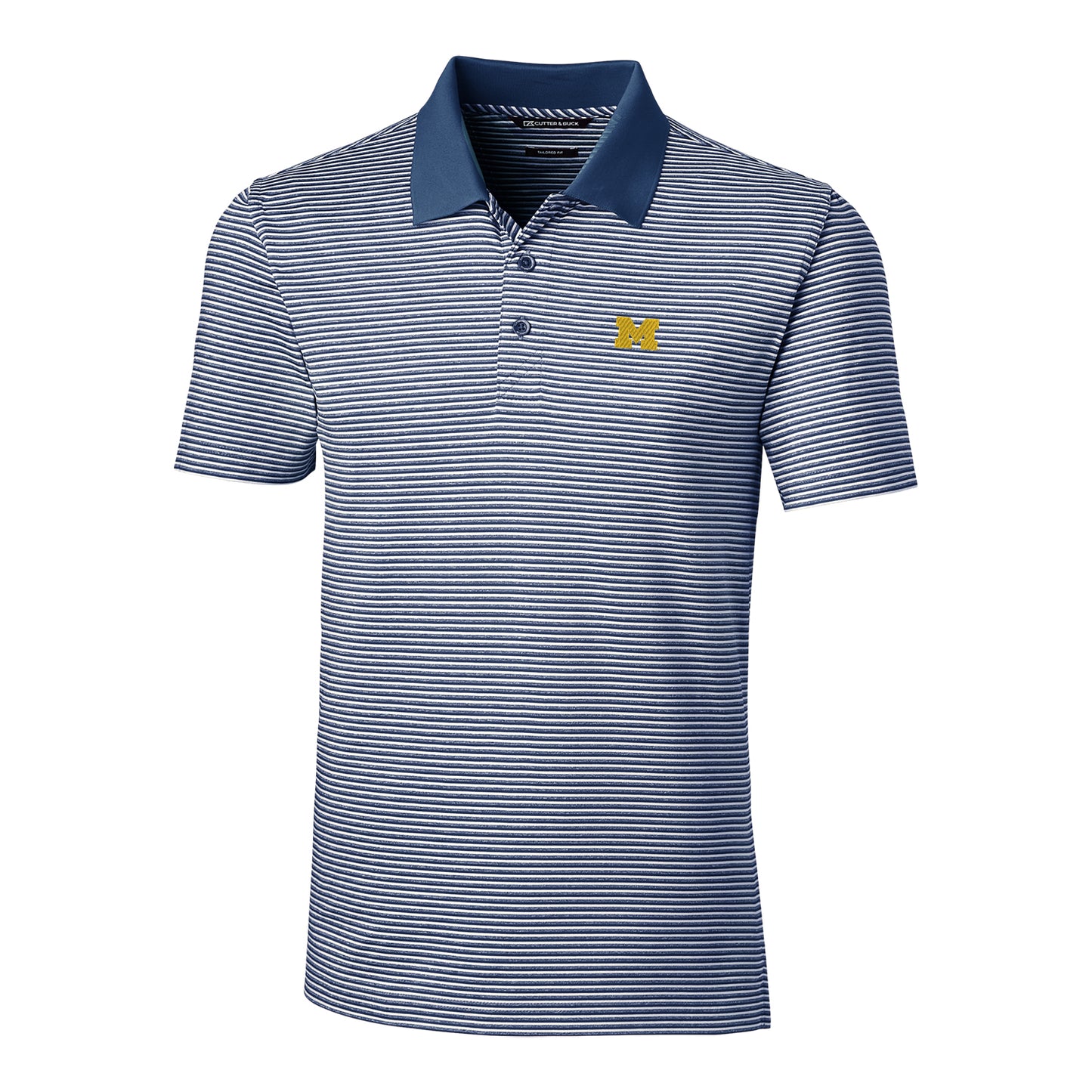 Men's Cutter & Buck Navy Michigan Wolverines Forge Tonal Stripe Tailored Fit Polo Shirt