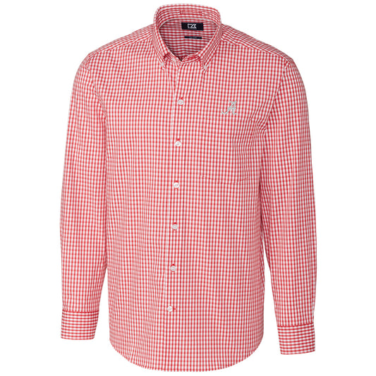 Men's Cutter & Buck Red Alabama Crimson Tide Big & Tall Stretch Gingham Long Sleeve Button Down Shirt