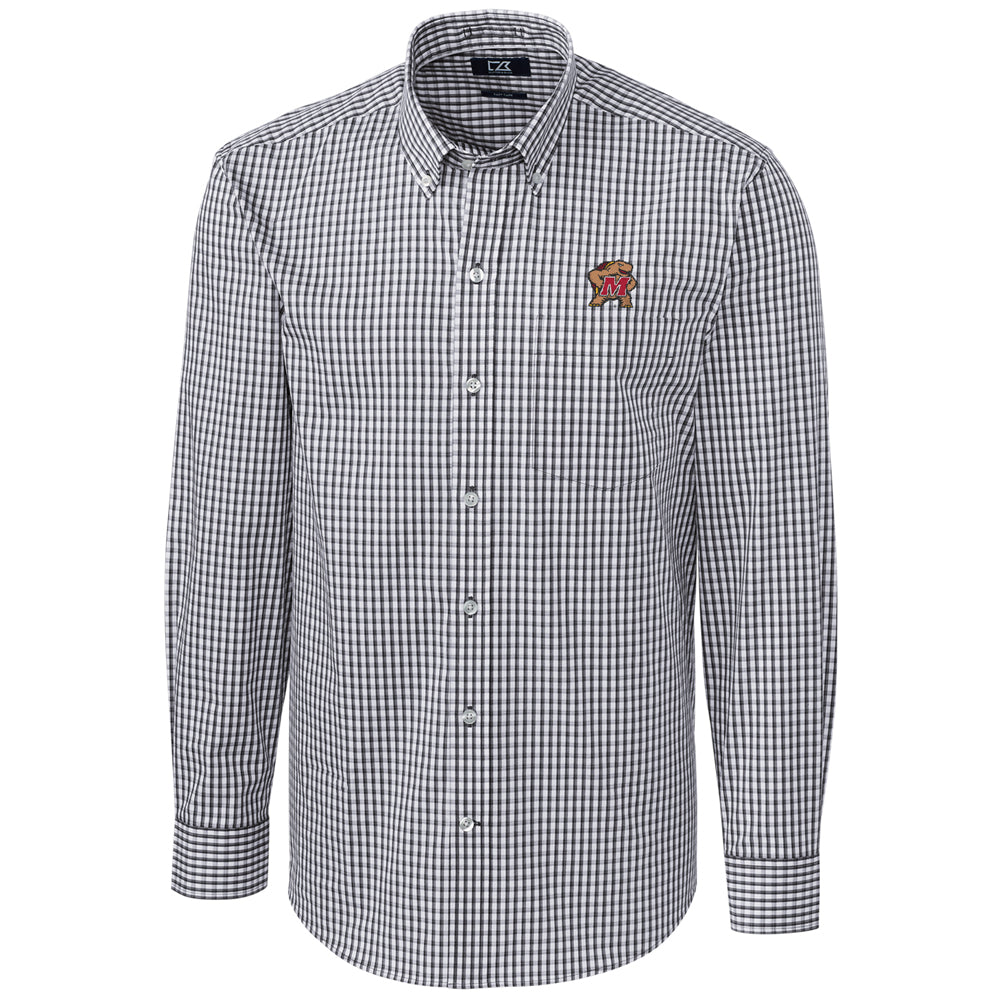 Men's Cutter & Buck Charcoal Maryland Terrapins Big & Tall Stretch Gingham Long Sleeve Button Down Shirt