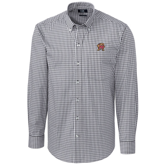 Men's Cutter & Buck Charcoal Maryland Terrapins Big & Tall Stretch Gingham Long Sleeve Button Down Shirt