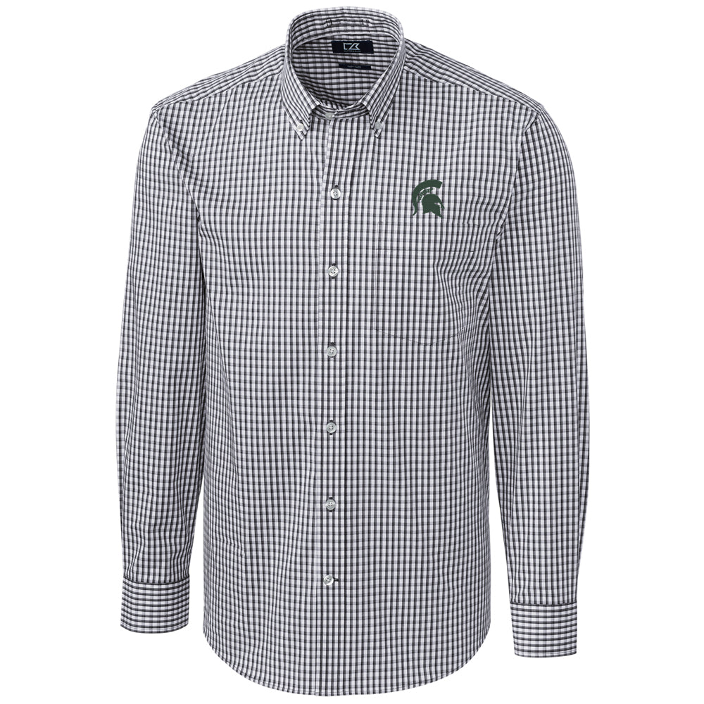 Men's Cutter & Buck Charcoal Michigan State Spartans Big & Tall Stretch Gingham Long Sleeve Button Down Shirt