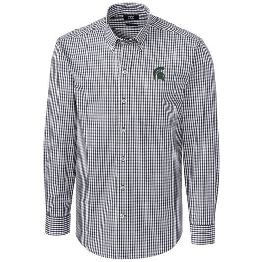 Men's Cutter & Buck Charcoal Michigan State Spartans Big & Tall Stretch Gingham Long Sleeve Button Down Shirt
