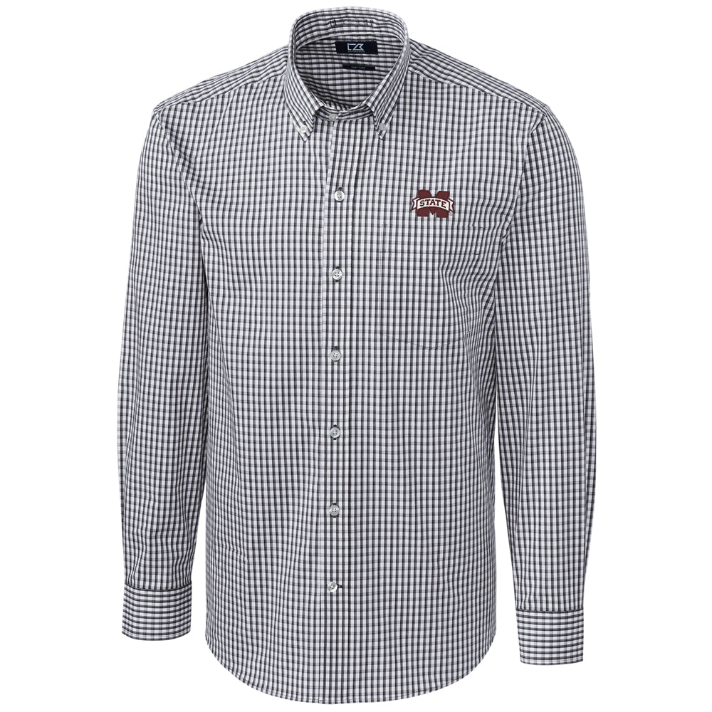 Men's Cutter & Buck Charcoal Mississippi State Bulldogs Big & Tall Stretch Gingham Long Sleeve Button Down Shirt