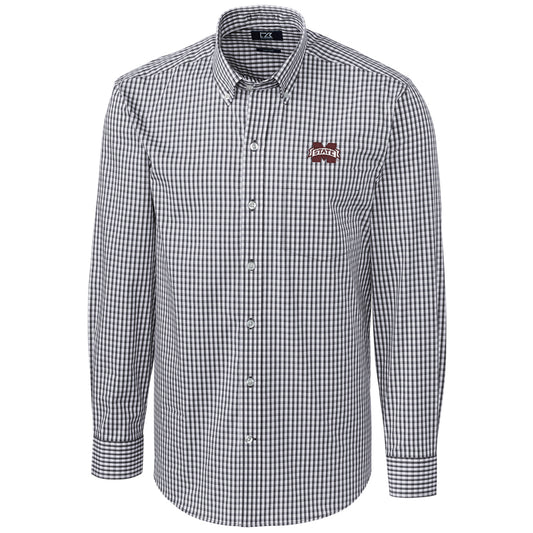 Men's Cutter & Buck Charcoal Mississippi State Bulldogs Big & Tall Stretch Gingham Long Sleeve Button Down Shirt