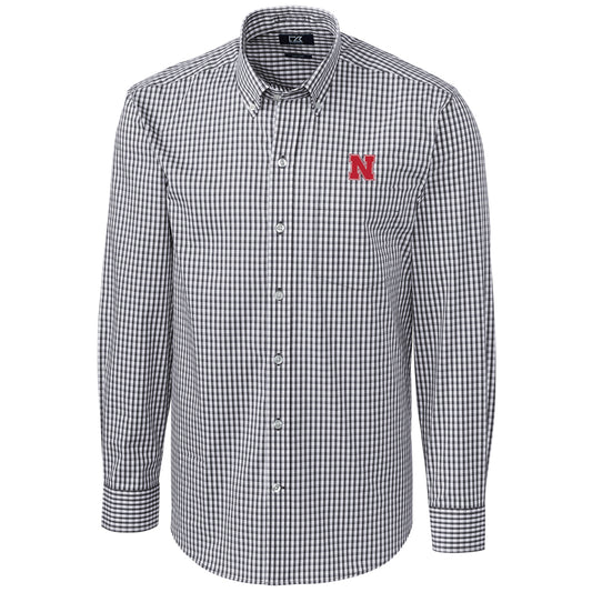 Men's Cutter & Buck Charcoal Nebraska Huskers Big & Tall Stretch Gingham Long Sleeve Button Down Shirt