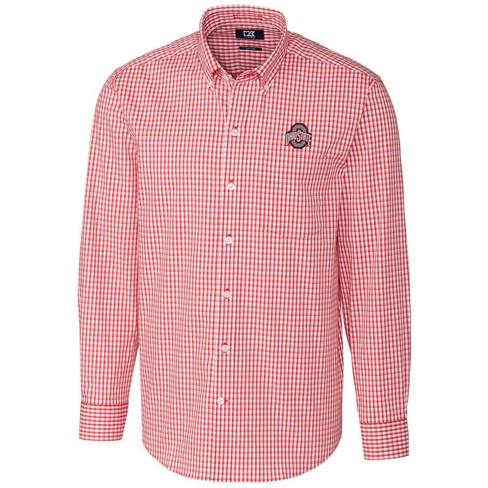 Men's Cutter & Buck Red Ohio State Buckeyes Big & Tall Stretch Gingham Long Sleeve Button Down Shirt