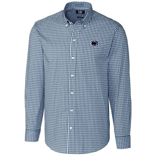 Men's Cutter & Buck Navy Penn State Nittany Lions Big & Tall Stretch Gingham Long Sleeve Button Down Shirt
