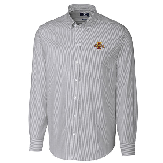 Men's Cutter & Buck Charcoal Iowa State Cyclones Big & Tall Stretch Oxford Stripe Long Sleeve Button Down Shirt
