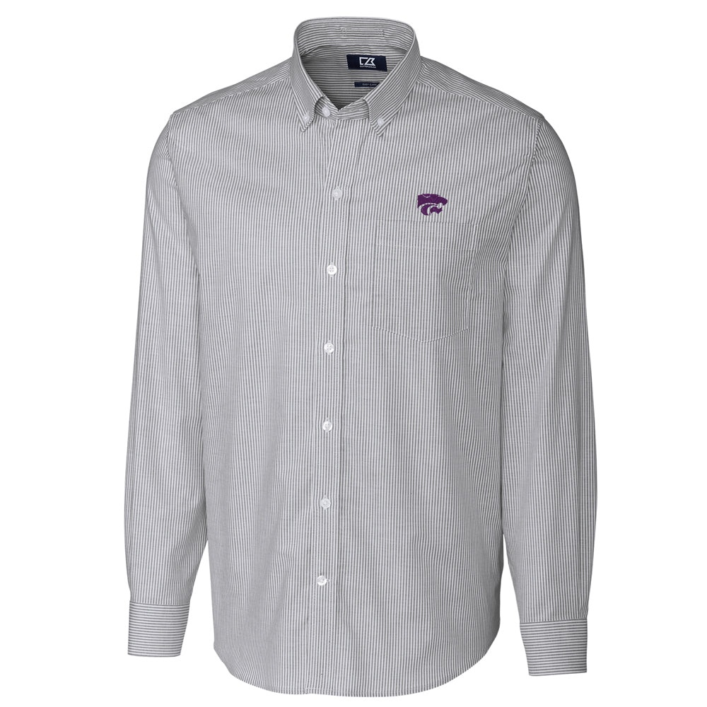 Men's Cutter & Buck Charcoal Kansas State Wildcats Big & Tall Stretch Oxford Stripe Long Sleeve Button Down Shirt