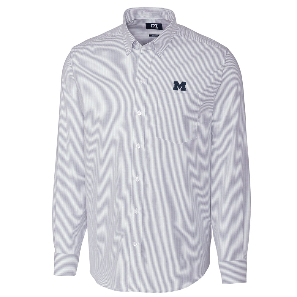 Men's Cutter & Buck Light Blue Michigan Wolverines Big & Tall Stretch Oxford Stripe Long Sleeve Button Down Shirt