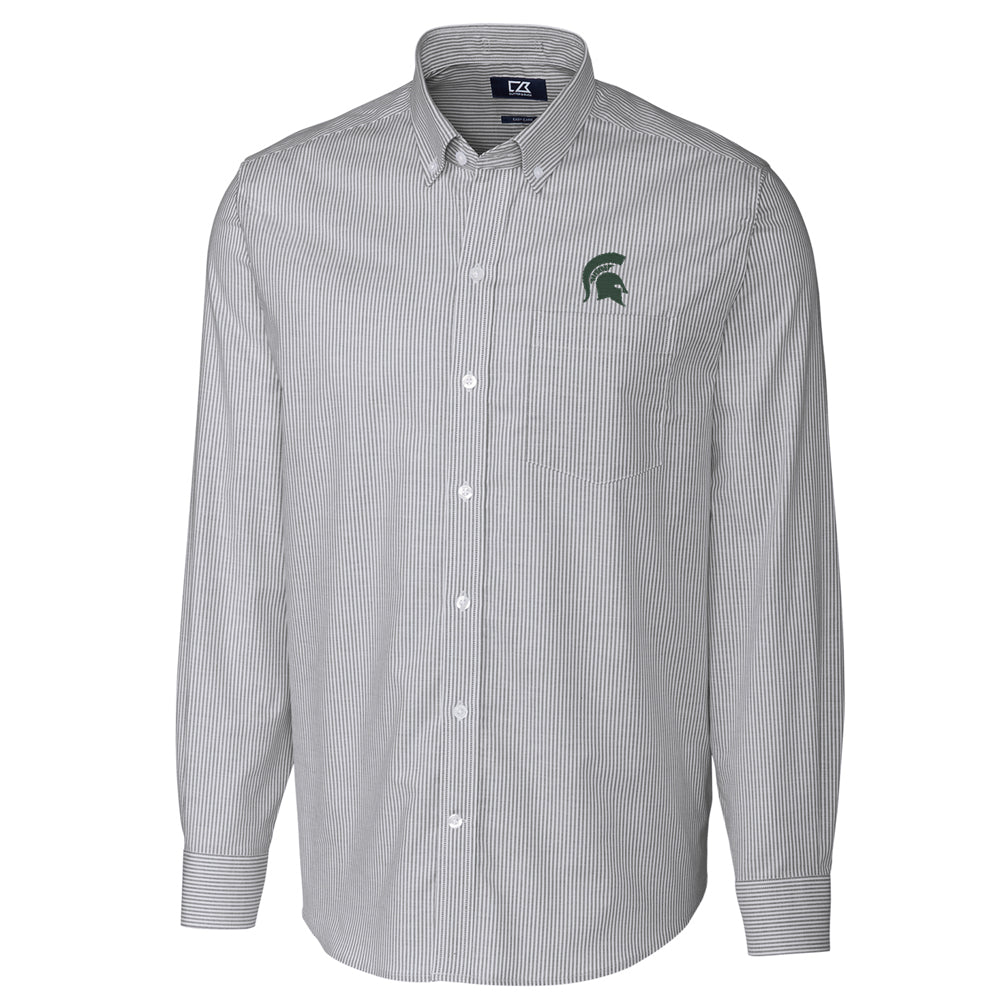 Men's Cutter & Buck Charcoal Michigan State Spartans Big & Tall Stretch Oxford Stripe Long Sleeve Button Down Shirt