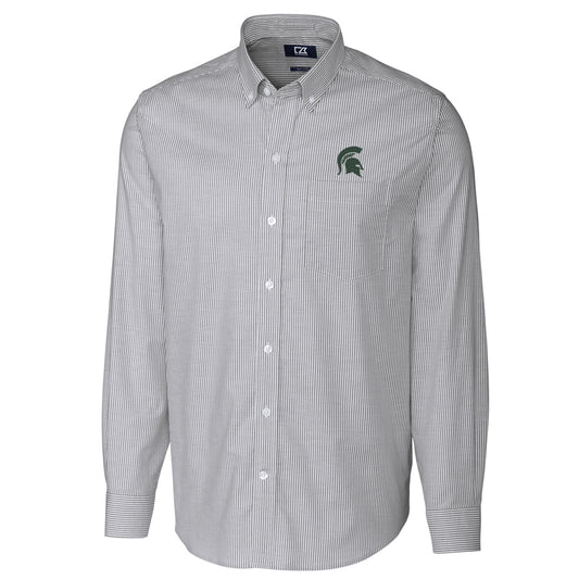 Men's Cutter & Buck Charcoal Michigan State Spartans Big & Tall Stretch Oxford Stripe Long Sleeve Button Down Shirt