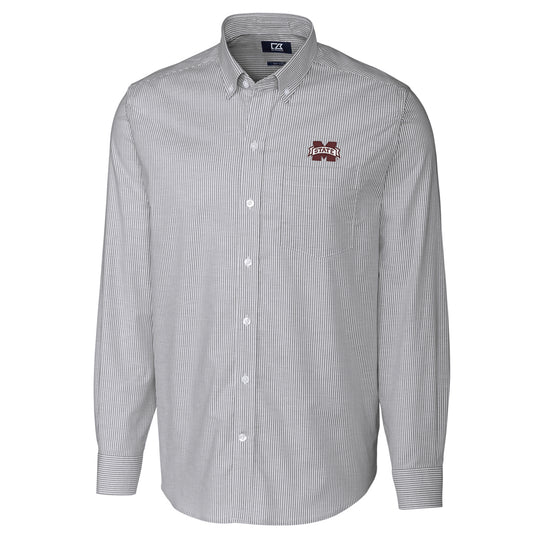 Men's Cutter & Buck Charcoal Mississippi State Bulldogs Big & Tall Stretch Oxford Stripe Long Sleeve Button Down Shirt