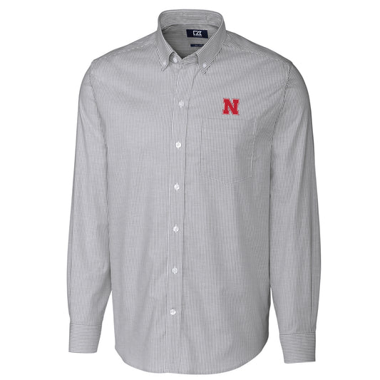 Men's Cutter & Buck Charcoal Nebraska Huskers Big & Tall Stretch Oxford Stripe Long Sleeve Button Down Shirt