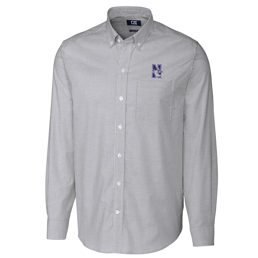 Men's Cutter & Buck Charcoal Northwestern Wildcats Big & Tall Stretch Oxford Stripe Long Sleeve Button Down Shirt