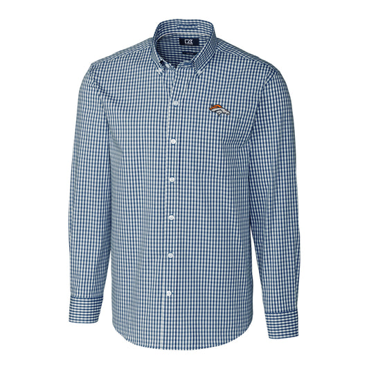 Men's Cutter & Buck Navy Denver Broncos Big & Tall Stretch Gingham Long Sleeve Woven Button Down Shirt