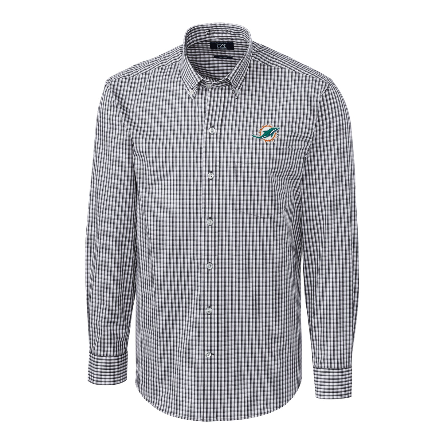 Men's Cutter & Buck Charcoal Miami Dolphins Big & Tall Stretch Gingham Long Sleeve Woven Button Down Shirt