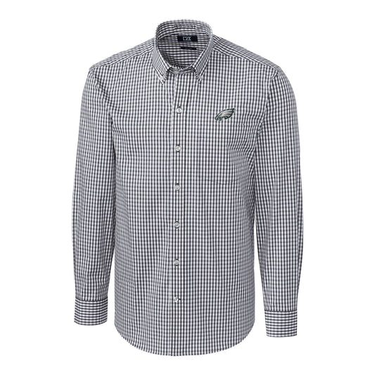 Men's Cutter & Buck Charcoal Philadelphia Eagles Big & Tall Stretch Gingham Long Sleeve Woven Button Down Shirt