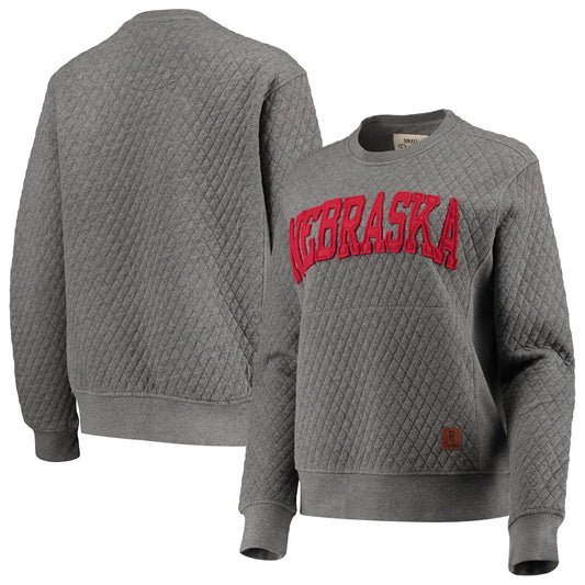 Women's Pressbox Heather Charcoal Nebraska Huskers Moose Quilted Pullover Sweatshirt