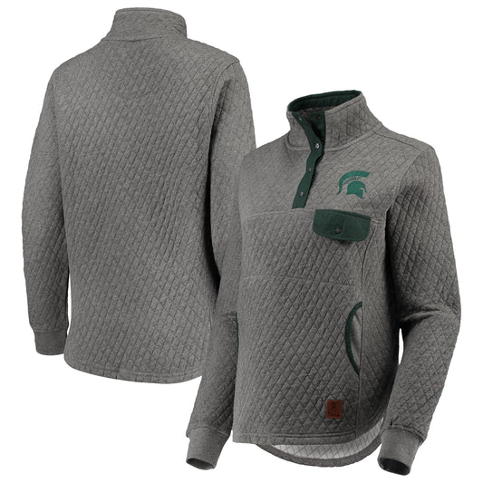 Women's Pressbox Heathered Gray/Green Michigan State Spartans Magnum Quilted Quarter-Snap Pullover Jacket