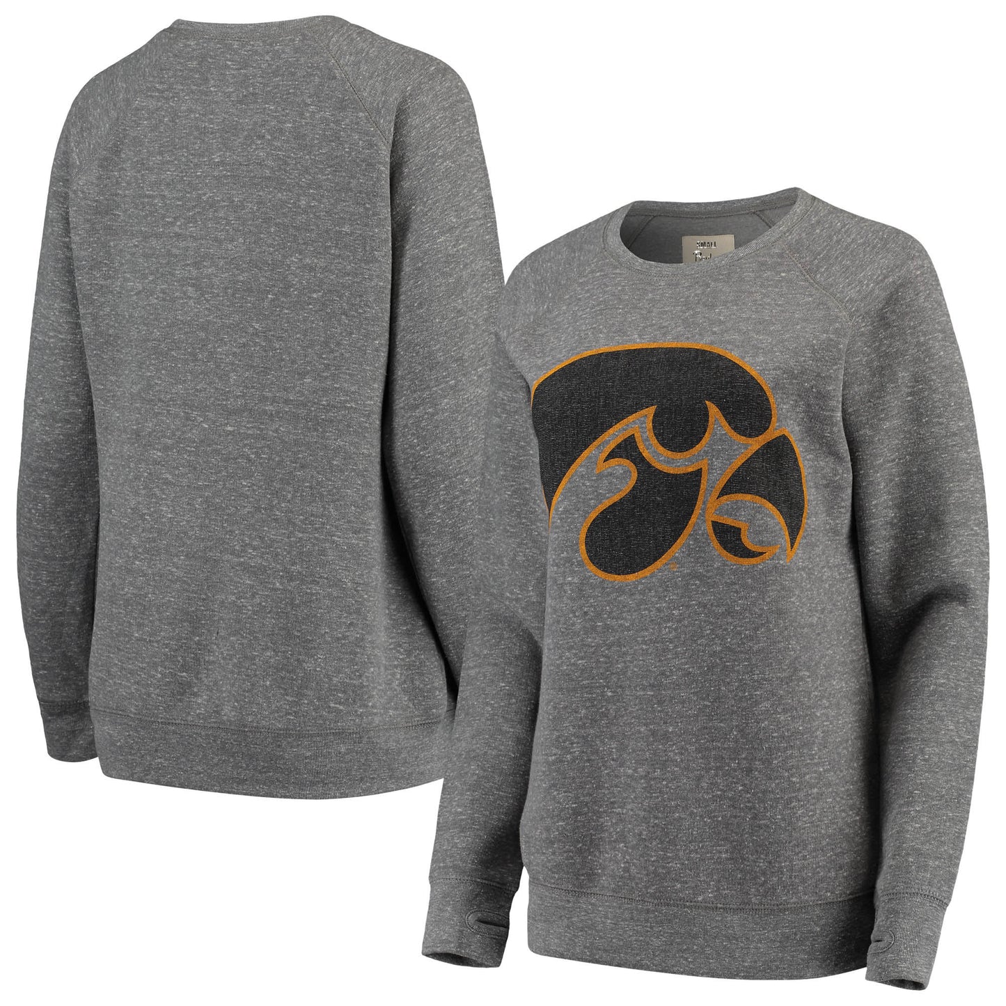 Women's Pressbox Heathered Gray Iowa Hawkeyes Big Team Logo Knobi Fleece Tri-Blend Crew Neck Sweatshirt