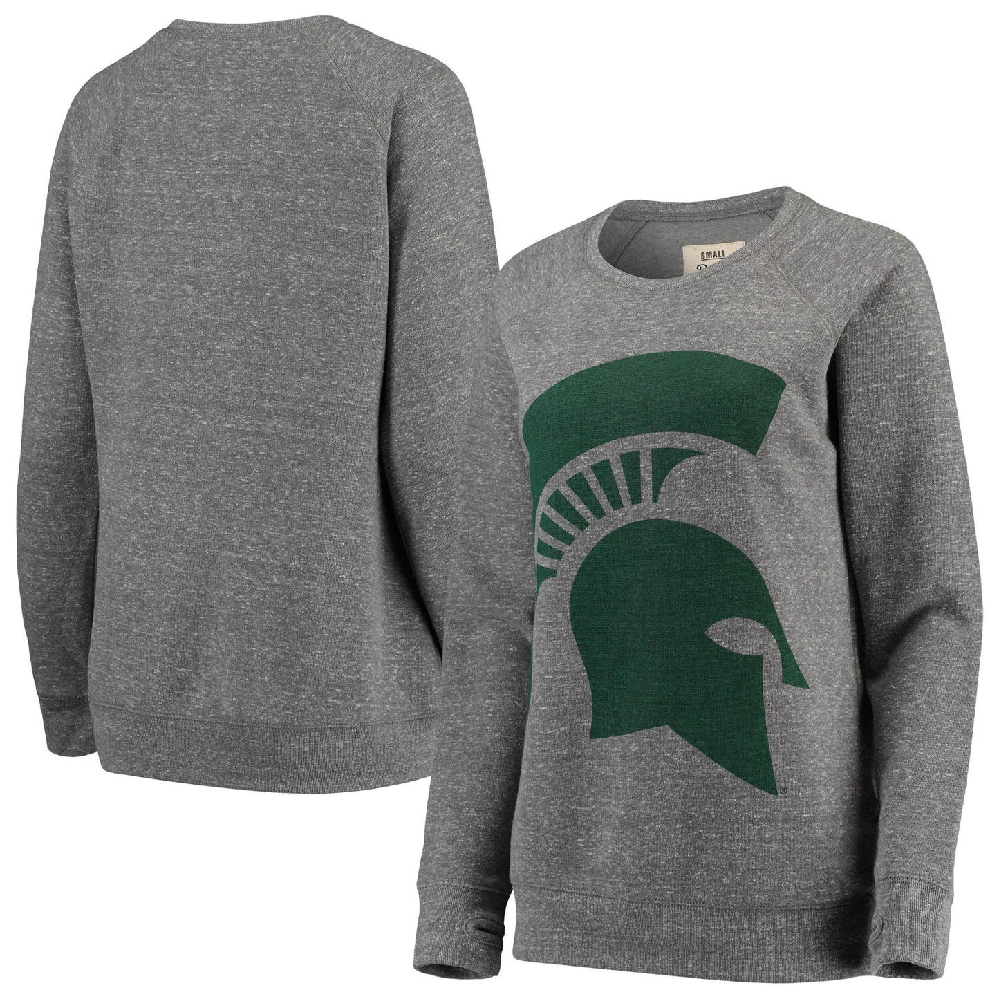 Women's Pressbox Heathered Gray Michigan State Spartans Big Team Logo Knobi Fleece Tri-Blend Crew Neck Sweatshirt