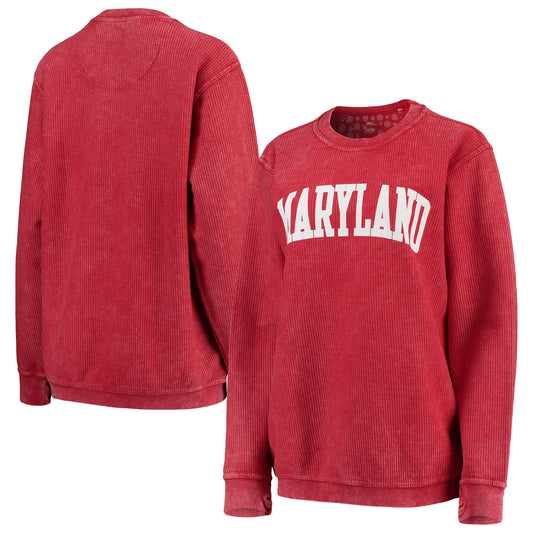 Women's Pressbox Red Maryland Terrapins Comfy Cord Vintage Wash Basic Arch Pullover Sweatshirt