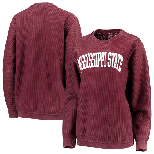 Women's Pressbox Maroon Mississippi State Bulldogs Comfy Cord Vintage Wash Basic Arch Pullover Sweatshirt