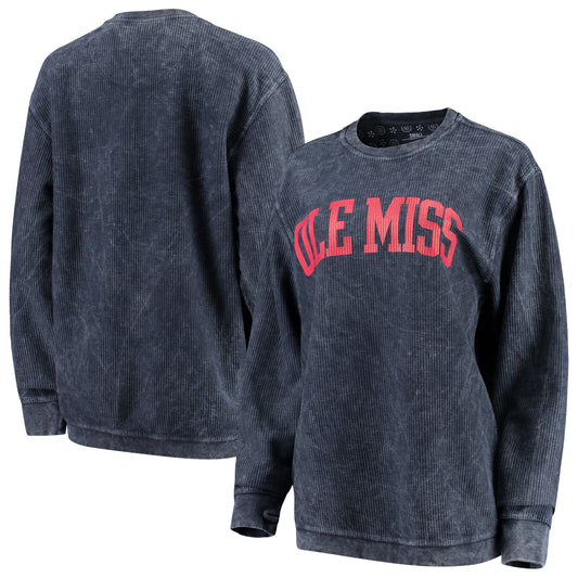 Women's Pressbox Navy Ole Miss Rebels Comfy Cord Vintage Wash Basic Arch Pullover Sweatshirt