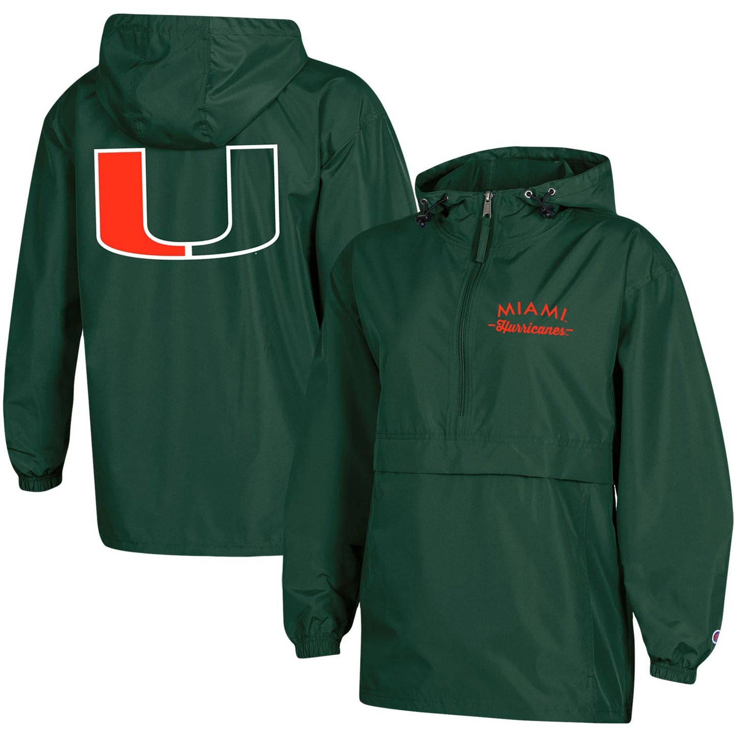 Women's Champion Green Miami Hurricanes Packable Half-Zip Light Rain Jacket