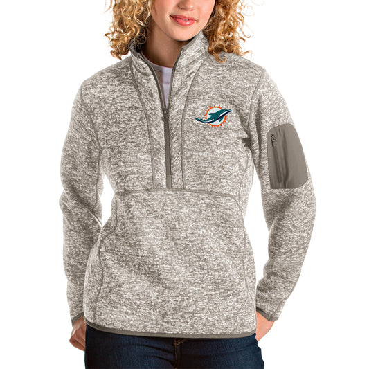 Women's Antigua Oatmeal Miami Dolphins Fortune Half-Zip Pullover Jacket