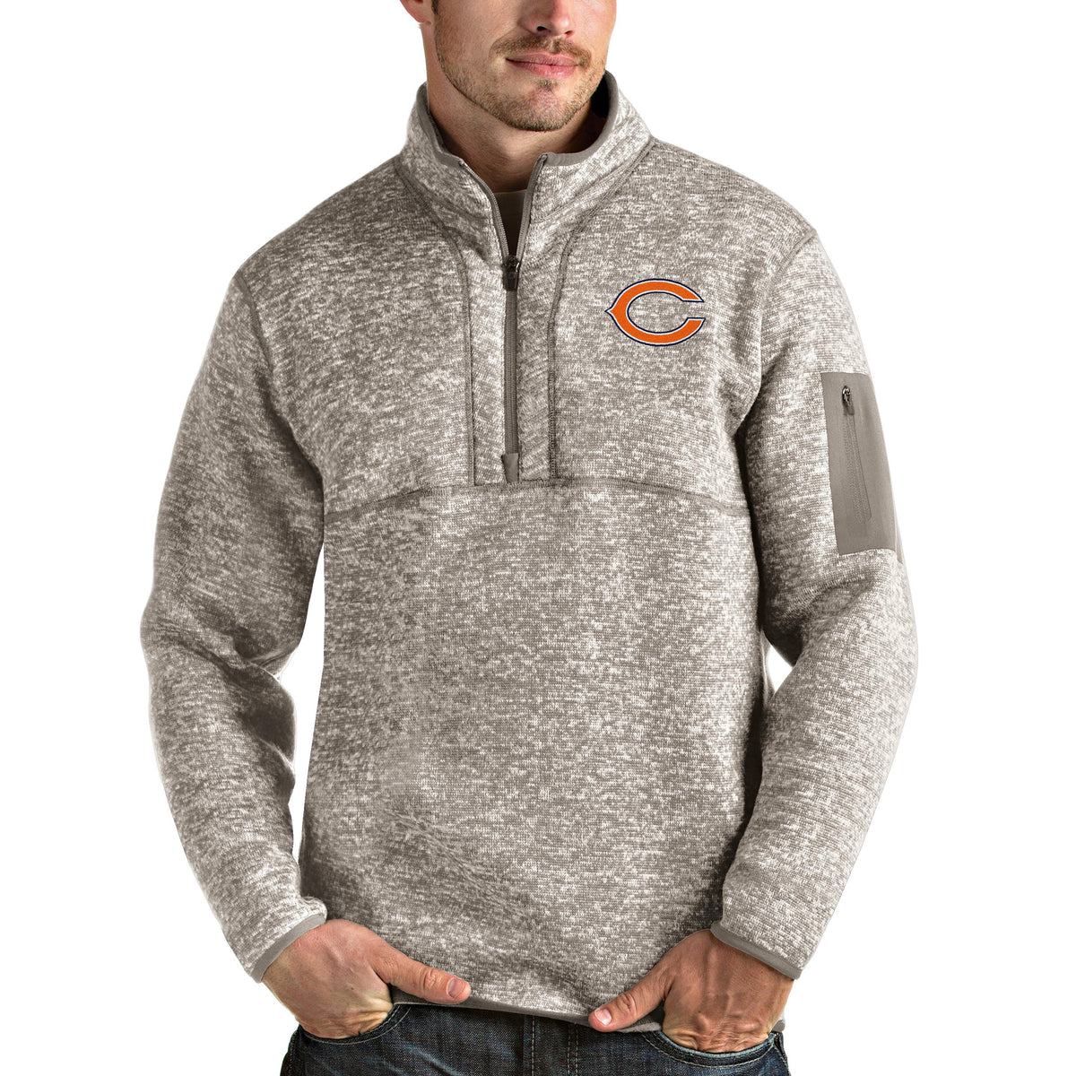 Men's Antigua Oatmeal Chicago Bears Fortune Quarter-Zip Pullover Jacket