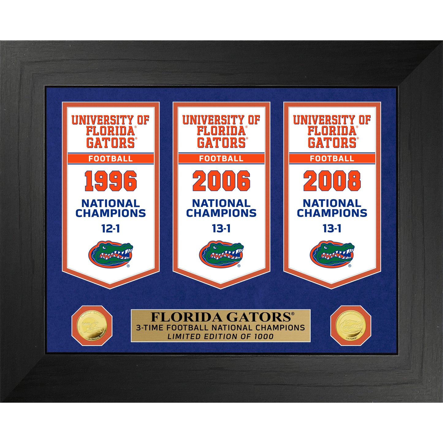 Highland Mint Florida Gators 3-Time Football National Champions 18'' x 22'' Gold Deluxe Banner Frame